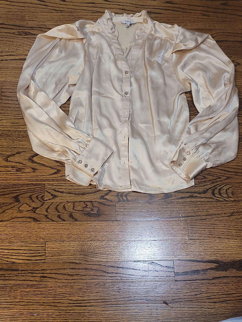 Fate Champagne Satin Ruffle-Trim Button Blouse